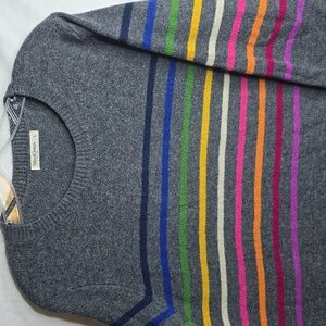 WoolOvers Crewneck Pullover Grey Rainbow Stripes Pure Merino Wool